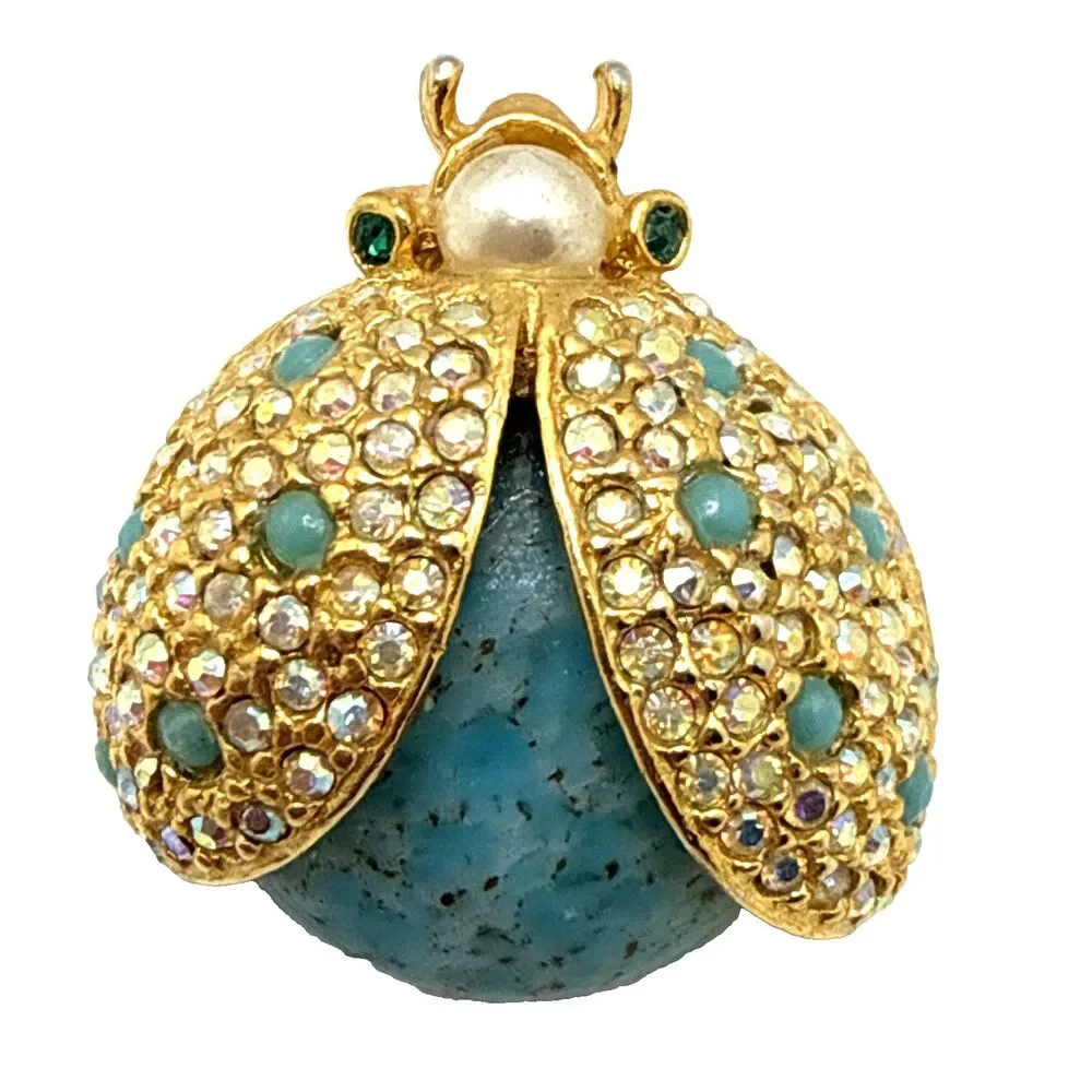 Vintage Unsigned Hattie Carnegie Ladybug Brooch Gold Tone Blue Body Beetle 1.25